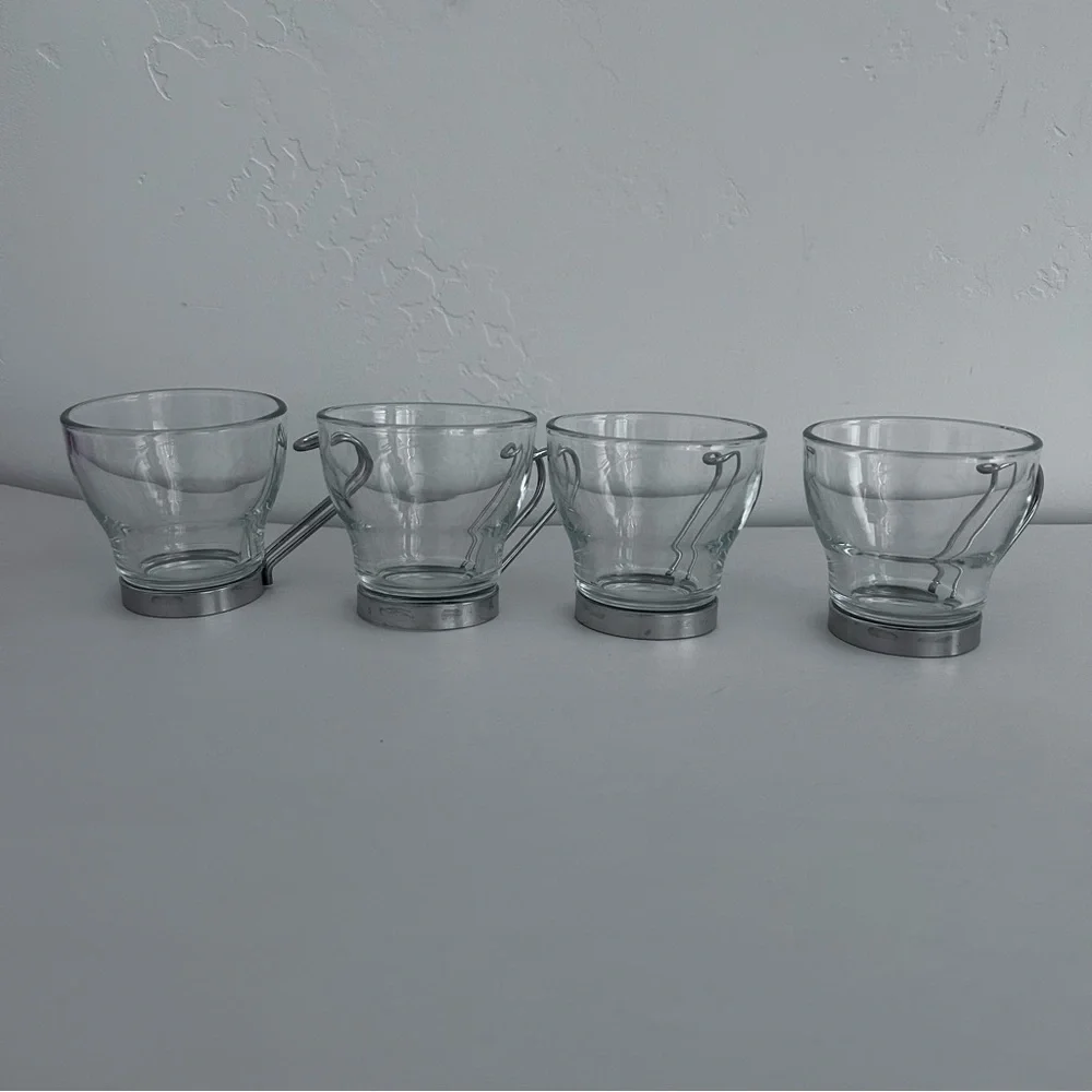 Bormioli‎ Rocco Set of Four Tempered Glass Espresso Cups with Silver Handles